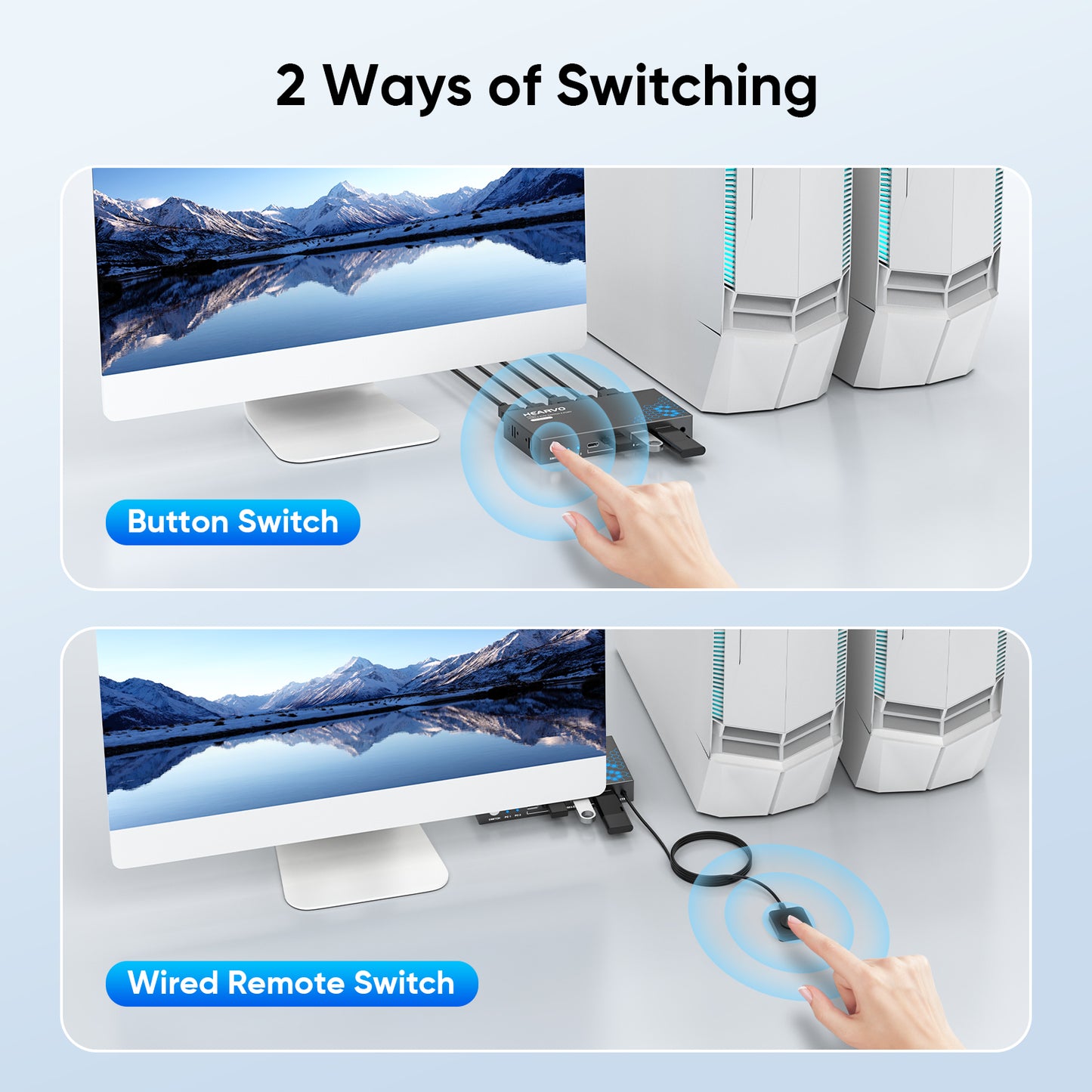 Hearvo USB 3.0 HDMI KVM Switch 1 Monitor 2 Computers, 4K@60Hz KVM Switches for 2 Computers Sharing Monitor Keyboard Mouse Hard Drives Printer, with EDID Adaptive, 2 USB Cables and Controller - S7232H