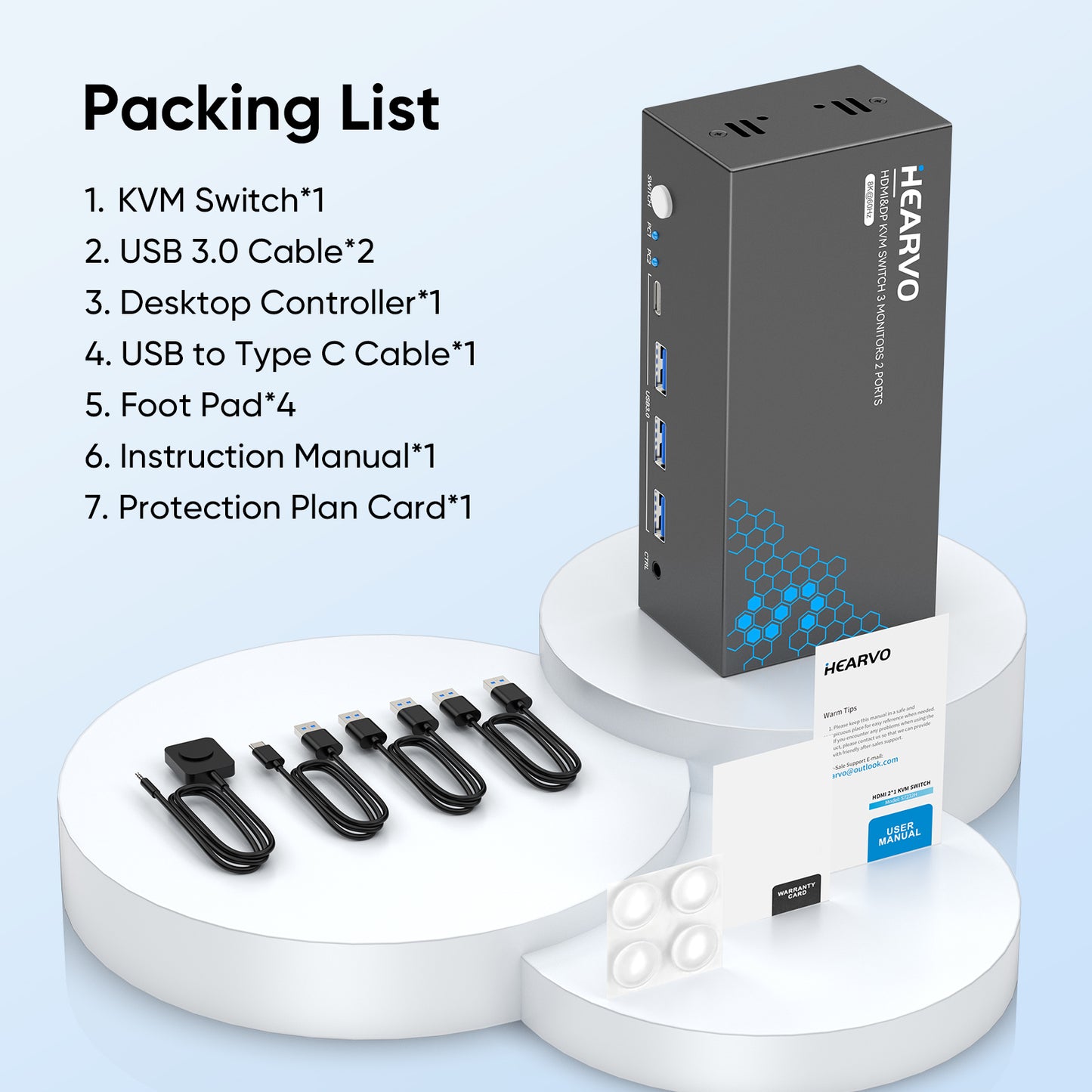 Hearvo 3 Monitor KVM Switch for 2 Computers, 2 DisplayPort + HDMI | Supports 8K@60Hz / 4K@144Hz, USB 3.0 Sharing Hub, HDCP 2.3, Wired Remote, EDID Adaptive – S7241PH3