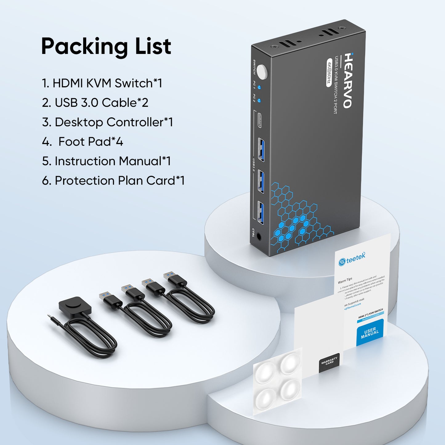 Hearvo USB 3.0 HDMI KVM Switch 1 Monitor 2 Computers, 4K@60Hz KVM Switches for 2 Computers Sharing Monitor Keyboard Mouse Hard Drives Printer, with EDID Adaptive, 2 USB Cables and Controller - S7232H