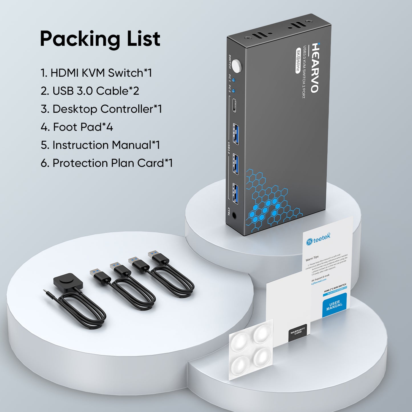 Hearvo USB 3.0 HDMI KVM Switch 1 Monitor 2 Computers, 8K@60Hz KVM Switches for 2 Computers Sharing Monitor Keyboard Mouse Hard Drives Printer,with EDID Adaptive,2*USB Cable and Controller -S7229H