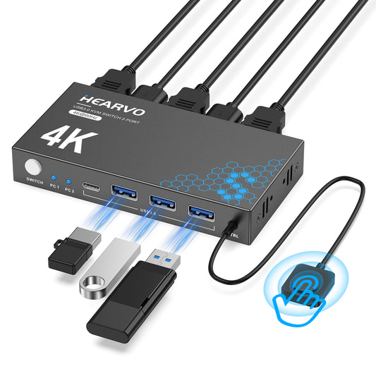 Hearvo USB 3.0 HDMI KVM Switch 1 Monitor 2 Computers, 4K@60Hz KVM Switches for 2 Computers Sharing Monitor Keyboard Mouse Hard Drives Printer, with EDID Adaptive, 2 USB Cables and Controller - S7232H