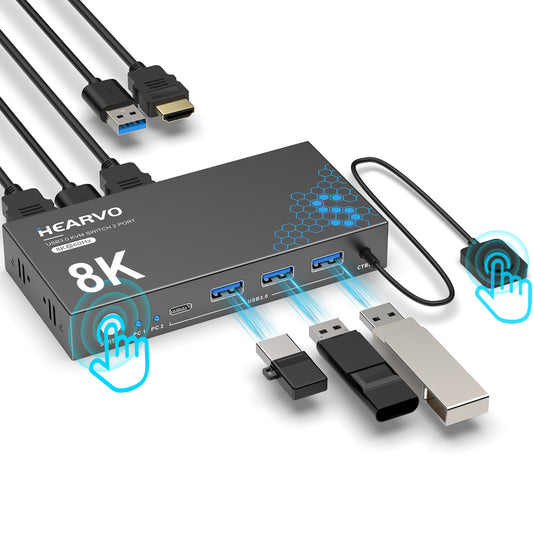 Hearvo USB 3.0 HDMI KVM Switch 1 Monitor 2 Computers, 8K@60Hz KVM Switches for 2 Computers Sharing Monitor Keyboard Mouse Hard Drives Printer,with EDID Adaptive,2*USB Cable and Controller -S7229H