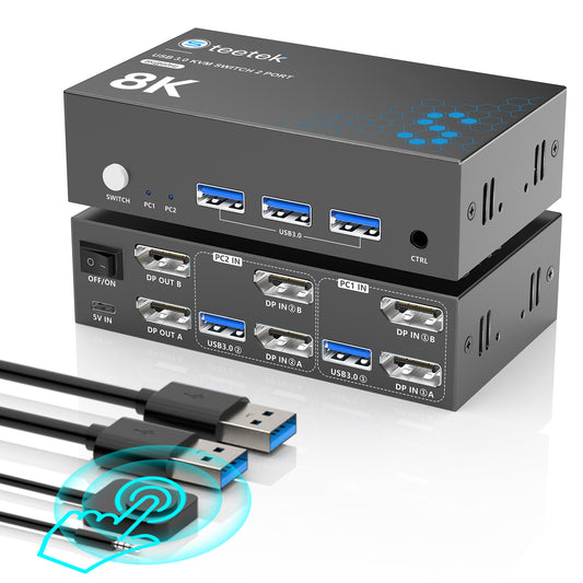 Hearvo 8K Displayport KVM Switch 2 Monitors 2 Computers, 8K@60Hz Dual KVM Switch for 2 Computers Sharing 2 Monitors, Keyboard, Mouse, Printer, with EDID Adaptive, 2 USB Cables, and Controller -S7230P2