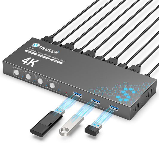 USB 3.0 HDMI KVM Switch 1 Monitors 4 Computers, 4K@60Hz KVM Switches for 4 Computers Sharing Monitor Keyboard Mouse Hard Drives Printer, with EDID Adaptive,1 HDMI Cable and 4 USB Cable