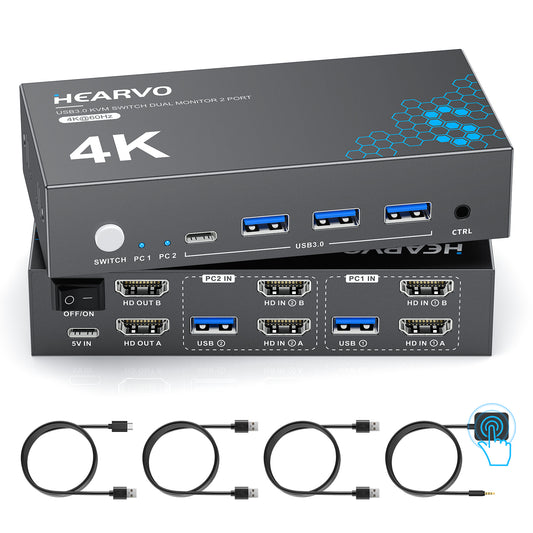 Hearvo HDMI KVM Switch 2 Monitors 2 Computers, USB 3.0,4K@60Hz KVM Switches Sharing of Dual Monitors Keyboard Mouse and Printer Between 2 Computers，with EDID，2 USB Cables and Controller -S7232H2