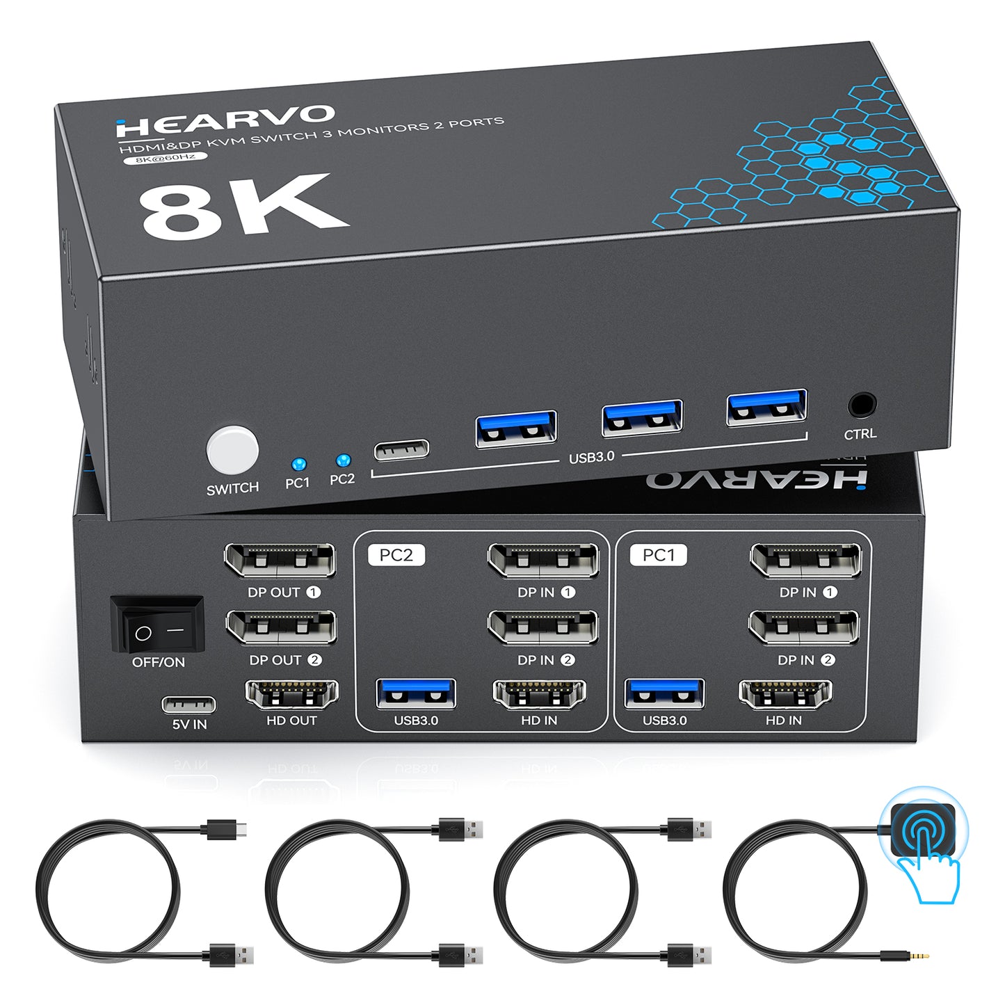 Hearvo 3 Monitor KVM Switch for 2 Computers, 2 DisplayPort + HDMI | Supports 8K@60Hz / 4K@144Hz, USB 3.0 Sharing Hub, HDCP 2.3, Wired Remote, EDID Adaptive – S7241PH3