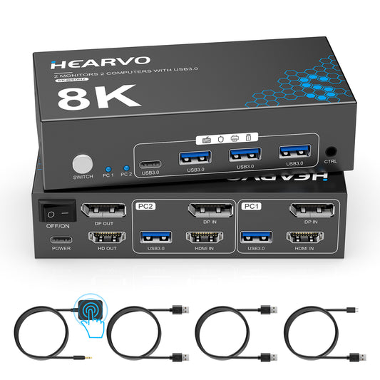 Hearvo HDMI DisplayPort KVM Switch 2 Monitors 2 Computers, 8K@60Hz Dual Monitor KVM Switcher with HDMI 2.1 & DisplayPort 1.4, USB 3.0 Hub,with Controller & 2 USB Cables & EDID Adaptive -S7240PH2