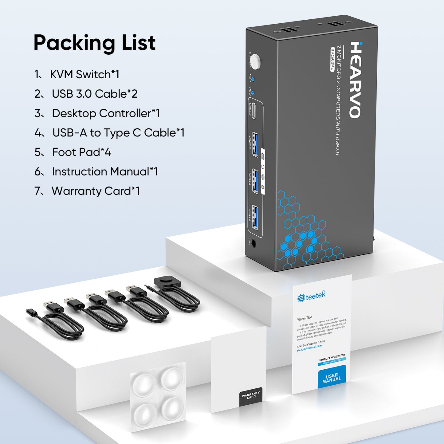 Hearvo 8K@60Hz HDMI KVM Switch for 2 Computers 2 Monitors, Dual Monitor KVM Switch with EDID Adaptive, Keyboard/Mouse/Printer Sharing, Includes 2 USB Cables & Controller -S7229H2