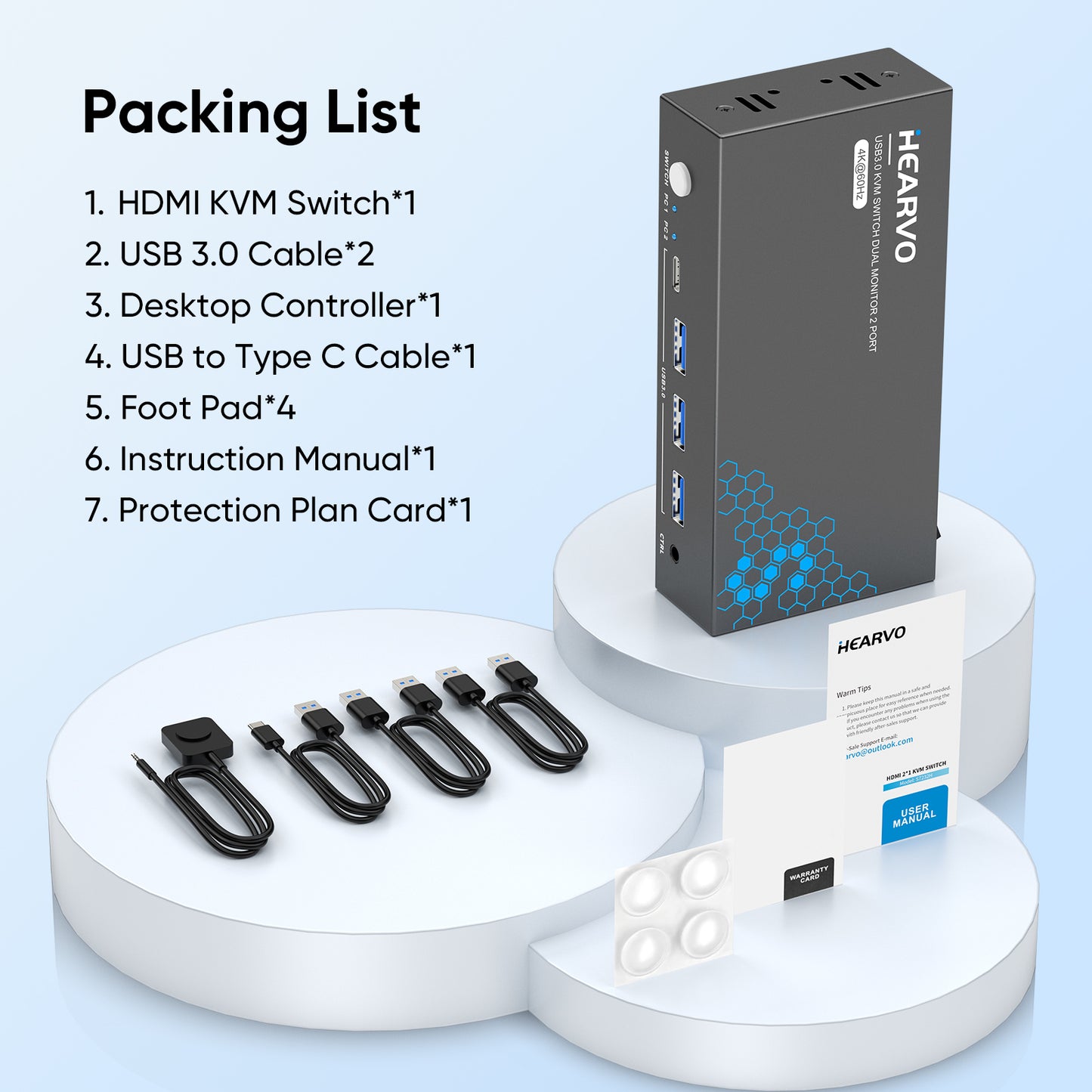 Hearvo HDMI KVM Switch 2 Monitors 2 Computers, USB 3.0,4K@60Hz KVM Switches Sharing of Dual Monitors Keyboard Mouse and Printer Between 2 Computers，with EDID，2 USB Cables and Controller -S7232H2